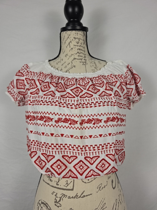 Tops - Boho Red Embroidered Crop Top White Short Puff Sleeve Peasant Blouse